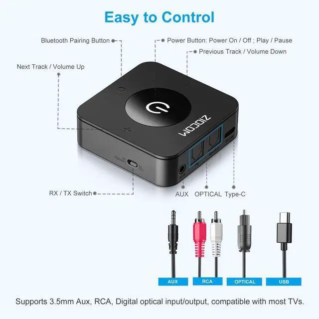 Alt view image 6 of 7 - Bluetooth Transmitter for TV, Wireless Bluetooth Adapter for TV/PC/Speaker/Home Stereo (Optical, 3.5mm Aux, RCA), Pairs 2 Devices Simultaneously