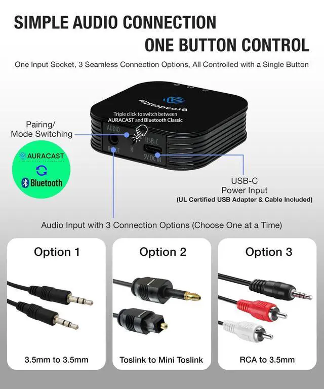 Alt view image 6 of 7 - BA210 v2 Auracast Bluetooth Transmitter, LC3, AptX Lossless, AptX HD, Optical & 3.5mm Inputs, Compatible with Galaxy Buds 2 Pro, Buds 3, JY300 JM320, Hearing Aids and Bluetooth Headphones