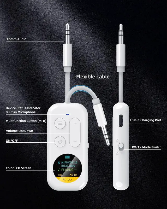 Alt view image 3 of 6 - Airplane Bluetooth Adapter with LED Screen, 2-in-1 Bluetooth Transmitter Receiver for Flight & TV, Dual Headphones Audio Adapter, 20H+ Playtime, Travel Essentials