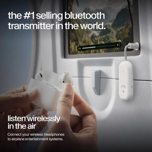 Alt view image 3 of 7 - AirFly Pro 2 Bluetooth Adapter, Pair 2 AirPods or Wireless Headphones 3.5mm AUX Bluetooth Transmitter and Receiver for Cars, Boats, Treadmills, TVs & More Travel Essentials,White