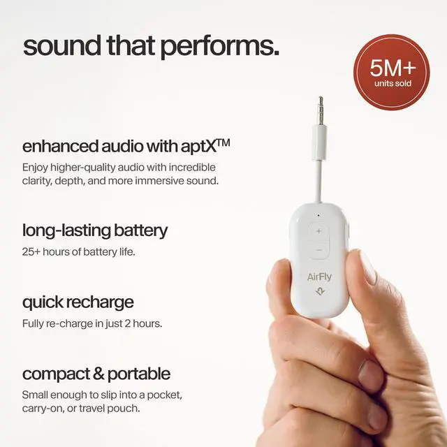 Alt view image 5 of 7 - AirFly Pro 2 Bluetooth Adapter, Pair 2 AirPods or Wireless Headphones 3.5mm AUX Bluetooth Transmitter and Receiver for Cars, Boats, Treadmills, TVs & More Travel Essentials,White