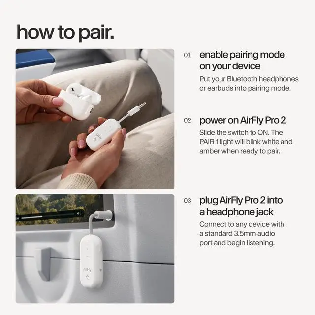 Alt view image 7 of 7 - AirFly Pro 2 Bluetooth Adapter, Pair 2 AirPods or Wireless Headphones 3.5mm AUX Bluetooth Transmitter and Receiver for Cars, Boats, Treadmills, TVs & More Travel Essentials,White