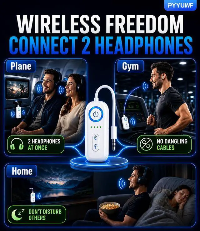 Alt view image 7 of 7 - Bluetooth 5.4 Transmitter Receiver, Wireless Audio Adapter, Airplane Gadgets & Travel Essentials for 2 Headphones, 20H Battery, aptX Low Latency, 3.5mm AUX Jack, for Car, TV, Home-White