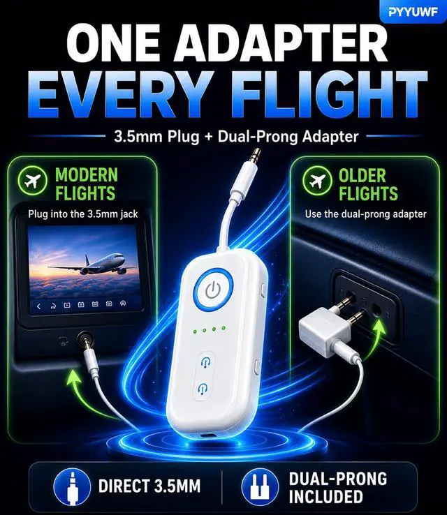Alt view image 4 of 7 - Bluetooth 5.4 Transmitter Receiver, Wireless Audio Adapter, Airplane Gadgets & Travel Essentials for 2 Headphones, 20H Battery, aptX Low Latency, 3.5mm AUX Jack, for Car, TV, Home-White