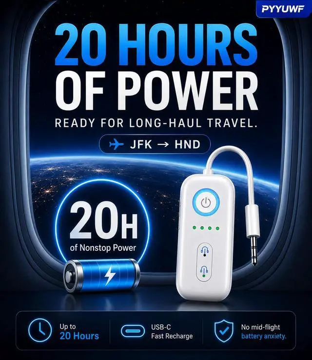 Alt view image 6 of 7 - Bluetooth 5.4 Transmitter Receiver, Wireless Audio Adapter, Airplane Gadgets & Travel Essentials for 2 Headphones, 20H Battery, aptX Low Latency, 3.5mm AUX Jack, for Car, TV, Home-White