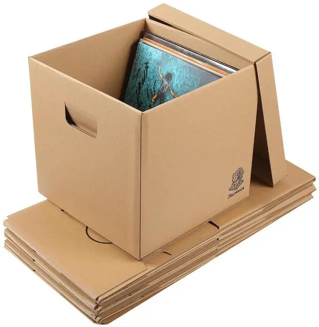 Main image of Vinyl Record Storage Box - Moving Box with Handles and Lids - Sturdy Cardboard Crate for Vinyl storage - Holds Up to 60 Records or LPs - Set of 4 Boxes (Kraft)