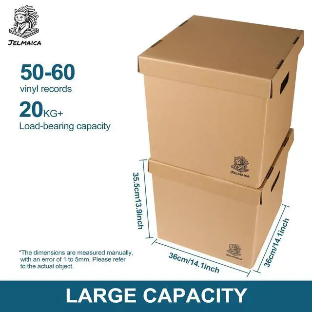 Alt view image 2 of 7 - Vinyl Record Storage Box - Moving Box with Handles and Lids - Sturdy Cardboard Crate for Vinyl storage - Holds Up to 60 Records or LPs - Set of 4 Boxes (Kraft)