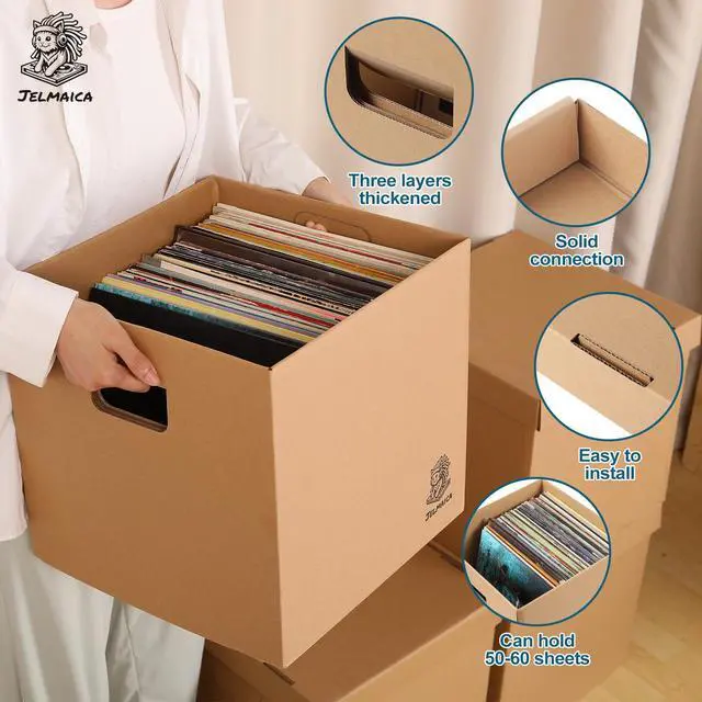 Alt view image 3 of 7 - Vinyl Record Storage Box - Moving Box with Handles and Lids - Sturdy Cardboard Crate for Vinyl storage - Holds Up to 60 Records or LPs - Set of 4 Boxes (Kraft)