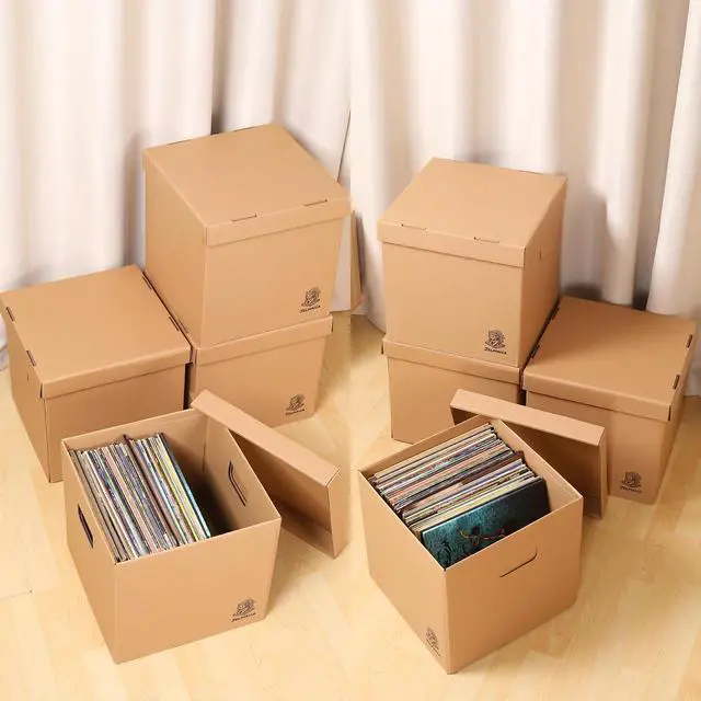 Alt view image 7 of 7 - Vinyl Record Storage Box - Moving Box with Handles and Lids - Sturdy Cardboard Crate for Vinyl storage - Holds Up to 60 Records or LPs - Set of 4 Boxes (Kraft)