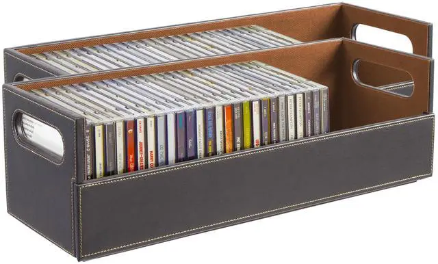 Main image of 2- Pack CD Storage Box, Organizer Shelf for Movie Cases, DVDs, Cassette Tape Display Stand, Disc Holder Can Store Up to 40 CDs, Faux Leather (Brown)
