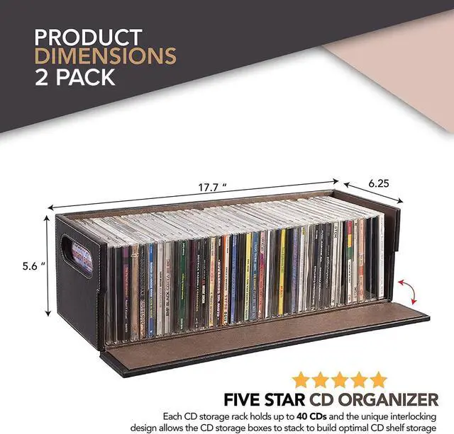 Alt view image 7 of 7 - 2- Pack CD Storage Box, Organizer Shelf for Movie Cases, DVDs, Cassette Tape Display Stand, Disc Holder Can Store Up to 40 CDs, Faux Leather (Brown)