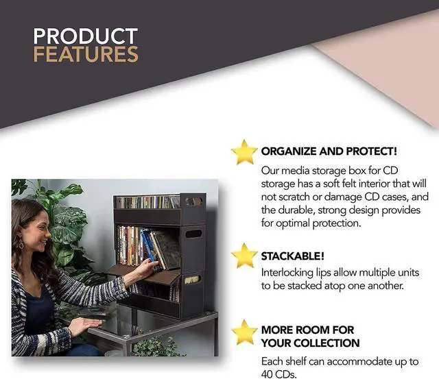 Alt view image 2 of 7 - 2- Pack CD Storage Box, Organizer Shelf for Movie Cases, DVDs, Cassette Tape Display Stand, Disc Holder Can Store Up to 40 CDs, Faux Leather (Brown)