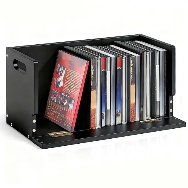 Main image of 1 Pack Wooden DVD Storage Organizer Boxes, Holds 26 DVDs, Solid Wood Media Storage with Carry Handles for DVDs, CDs, Blu-ray Discs, Movie Cases and Cassette Tapes, Black