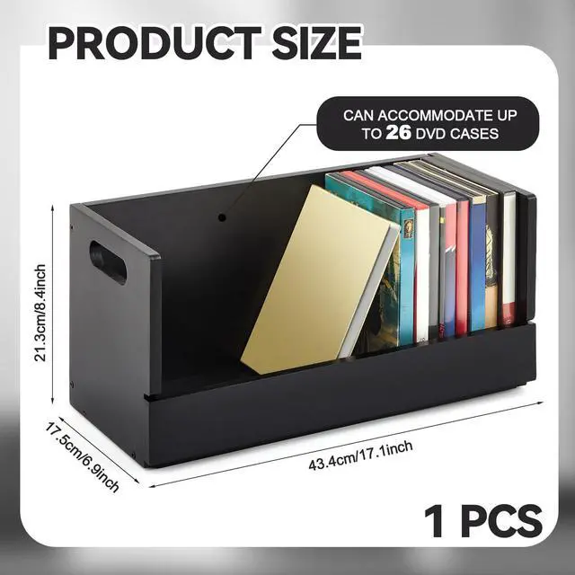 Alt view image 2 of 7 - 1 Pack Wooden DVD Storage Organizer Boxes, Holds 26 DVDs, Solid Wood Media Storage with Carry Handles for DVDs, CDs, Blu-ray Discs, Movie Cases and Cassette Tapes, Black