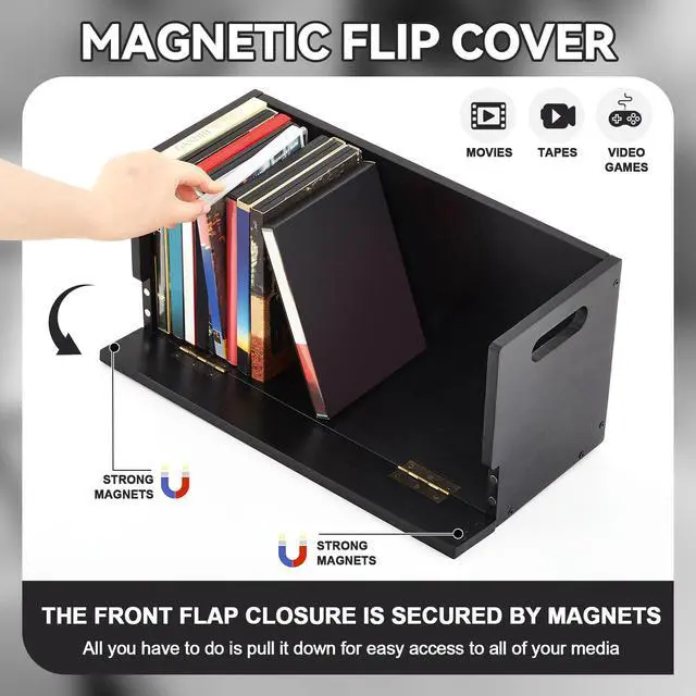 Alt view image 3 of 7 - 1 Pack Wooden DVD Storage Organizer Boxes, Holds 26 DVDs, Solid Wood Media Storage with Carry Handles for DVDs, CDs, Blu-ray Discs, Movie Cases and Cassette Tapes, Black