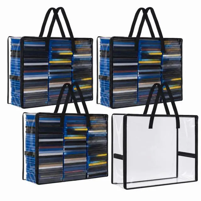 Main image of 4 Packs Extra Large DVD Storage Bags, Storage Case Holder Organizer Holds up to 360 DVDs Clear Plastic Bags Video Game with Carrying Handles and Zipper, Media Organizer for Movie VHS (Clear)