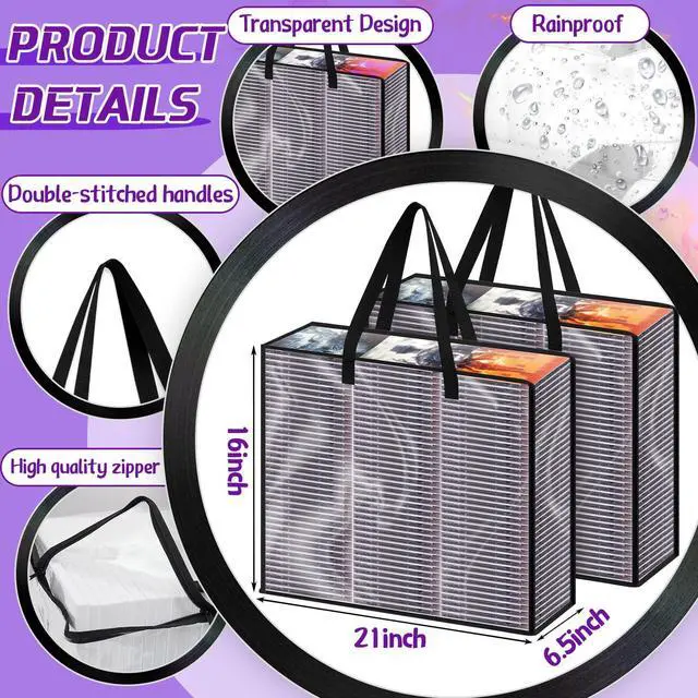 Alt view image 2 of 7 - 4 Packs Extra Large DVD Storage Bags, Storage Case Holder Organizer Holds up to 360 DVDs Clear Plastic Bags Video Game with Carrying Handles and Zipper, Media Organizer for Movie VHS (Clear)