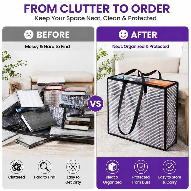 Alt view image 6 of 7 - 4 Packs Extra Large DVD Storage Bags, Storage Case Holder Organizer Holds up to 360 DVDs Clear Plastic Bags Video Game with Carrying Handles and Zipper, Media Organizer for Movie VHS (Clear)