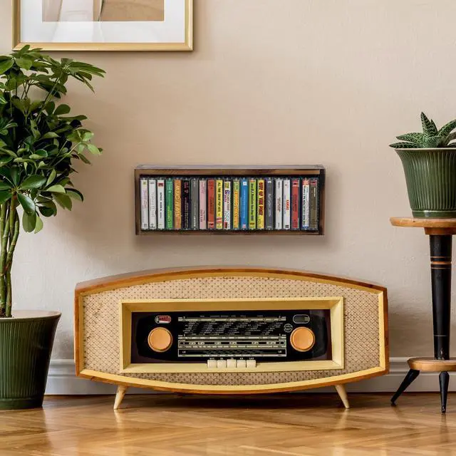 Alt view image 3 of 7 - Cassette Tape Storage, Farmhouse Style Cassette Rack Towe for Table or Wall Mount, Rustic Solid Burnt Wood & Diamond Metal Wire Mesh