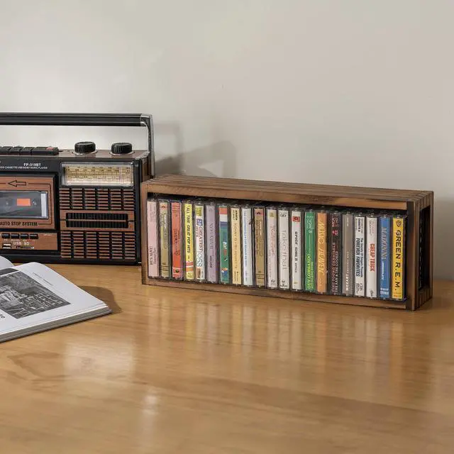 Alt view image 2 of 7 - Cassette Tape Storage, Farmhouse Style Cassette Rack Towe for Table or Wall Mount, Rustic Solid Burnt Wood & Diamond Metal Wire Mesh