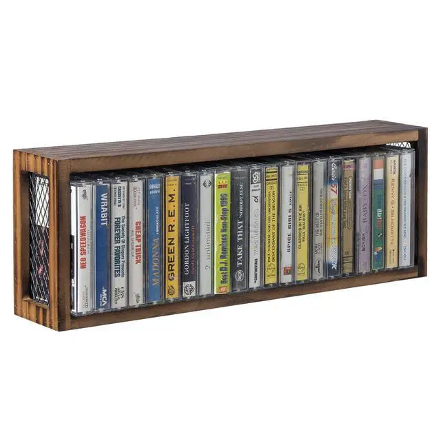 Alt view image 4 of 7 - Cassette Tape Storage, Farmhouse Style Cassette Rack Towe for Table or Wall Mount, Rustic Solid Burnt Wood & Diamond Metal Wire Mesh