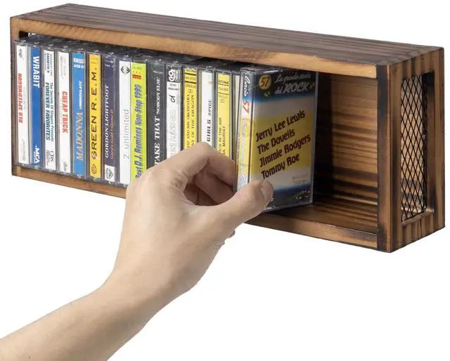 Main image of Cassette Tape Storage, Farmhouse Style Cassette Rack Towe for Table or Wall Mount, Rustic Solid Burnt Wood & Diamond Metal Wire Mesh