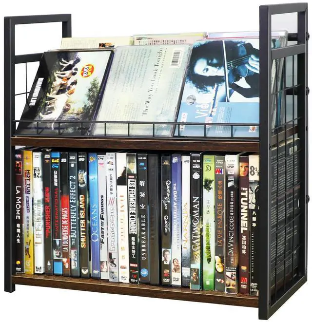 Main image of 2-Tier DVD Storage Rack & CD Display Shelf, Holds 56 DVD Cases, Stackable Metal Media Organizer Tower for Blu Ray, Video Games, VHS Tapes