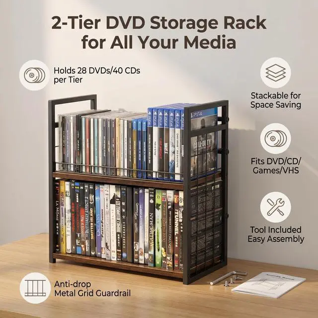 Alt view image 2 of 7 - 2-Tier DVD Storage Rack & CD Display Shelf, Holds 56 DVD Cases, Stackable Metal Media Organizer Tower for Blu Ray, Video Games, VHS Tapes