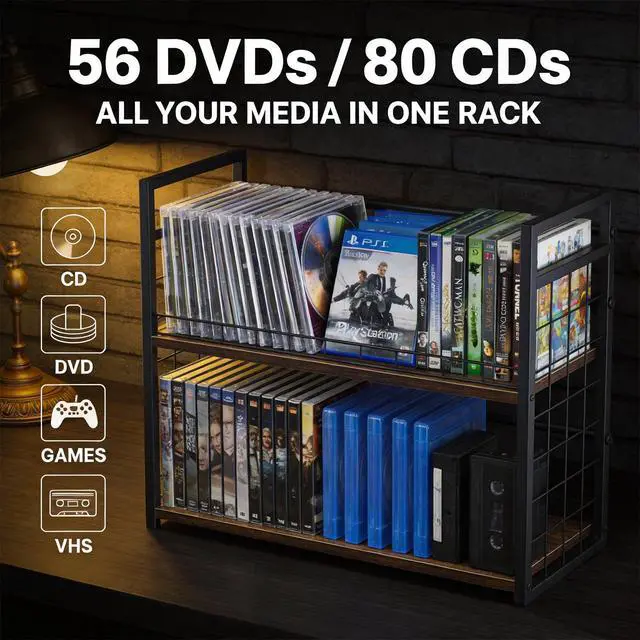 Alt view image 5 of 7 - 2-Tier DVD Storage Rack & CD Display Shelf, Holds 56 DVD Cases, Stackable Metal Media Organizer Tower for Blu Ray, Video Games, VHS Tapes