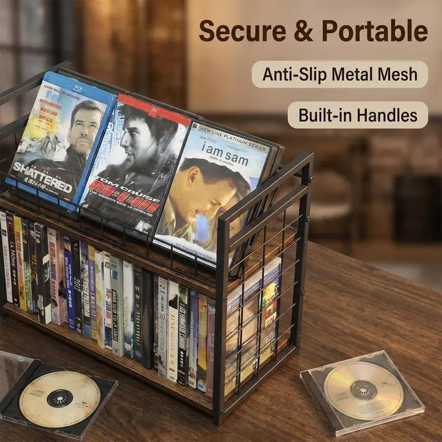 Alt view image 6 of 7 - 2-Tier DVD Storage Rack & CD Display Shelf, Holds 56 DVD Cases, Stackable Metal Media Organizer Tower for Blu Ray, Video Games, VHS Tapes