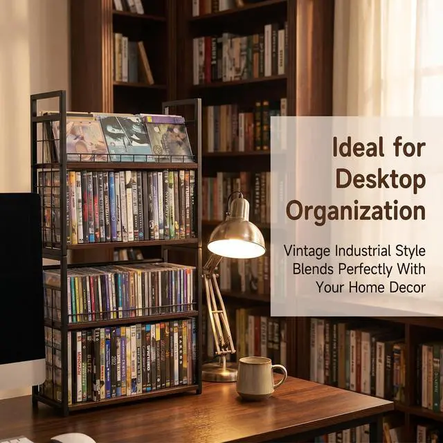Alt view image 7 of 7 - 2-Tier DVD Storage Rack & CD Display Shelf, Holds 56 DVD Cases, Stackable Metal Media Organizer Tower for Blu Ray, Video Games, VHS Tapes