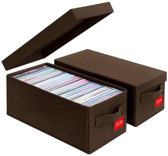 Main image of DVD Storage Box 2 Pack Brown Sturdy Media Organizer with Lids, Stackable Storage Bin for DVDs, CDs, Video Games, and Discs
