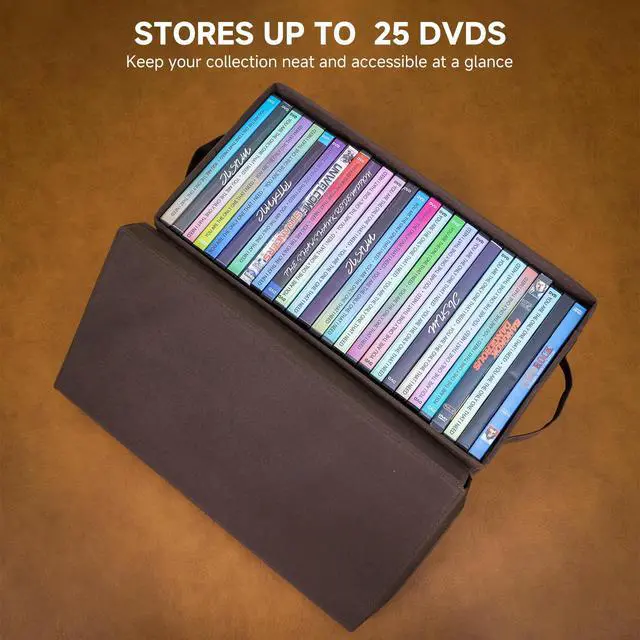 Alt view image 4 of 5 - DVD Storage Box 2 Pack Brown Sturdy Media Organizer with Lids, Stackable Storage Bin for DVDs, CDs, Video Games, and Discs