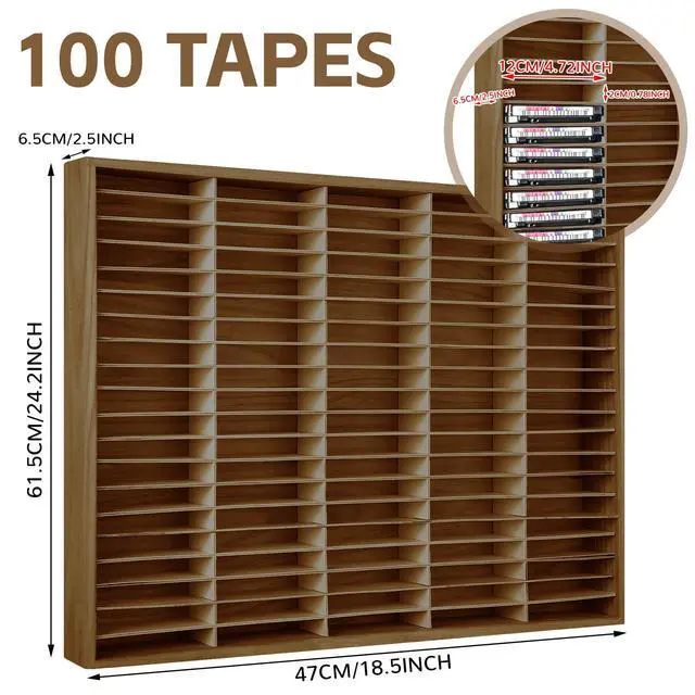 Alt view image 2 of 6 - 100 Slot Cassette Tape Storage Holder Wooden Audio Tapes Organizer Cassette Tape Rack for Collections Audio Accessory (Brown)