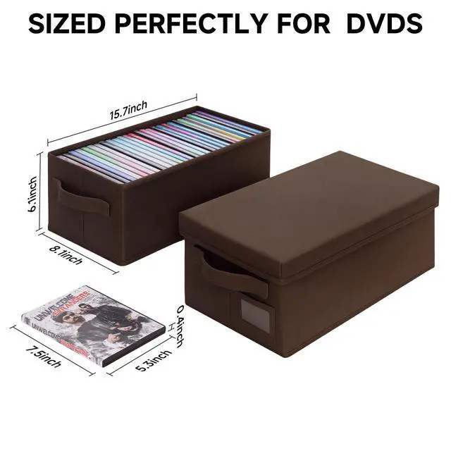 Alt view image 3 of 5 - DVD Storage Box 2 Pack Brown Sturdy Media Organizer with Lids, Stackable Storage Bin for DVDs, CDs, Video Games, and Discs