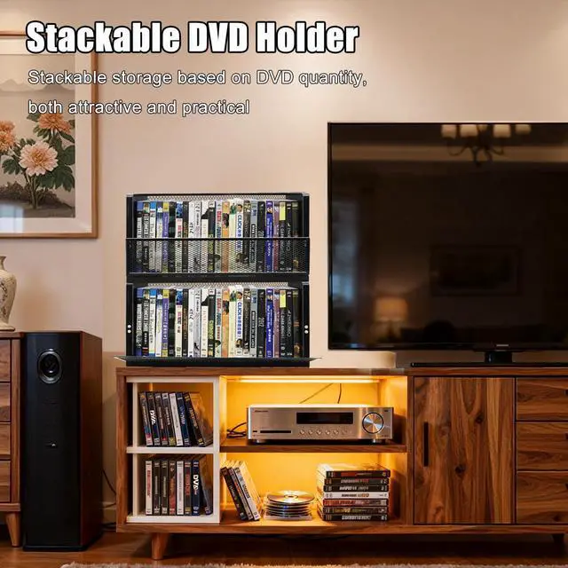 Alt view image 2 of 7 - DVD Storage Rack 2 Pack, Stackable Media Organizer Holds 56 DVDs or 64 Blu ray Cases, Shelf with Magnetic Door for Video Games and CDs, VHS Tapes