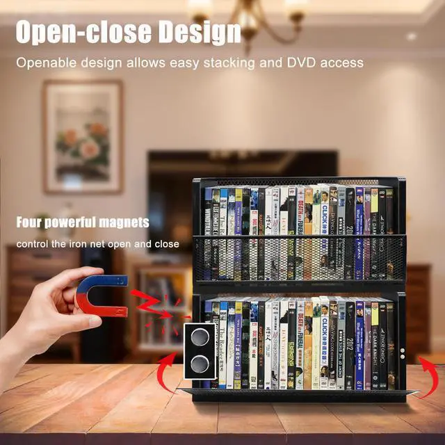 Alt view image 3 of 7 - DVD Storage Rack 2 Pack, Stackable Media Organizer Holds 56 DVDs or 64 Blu ray Cases, Shelf with Magnetic Door for Video Games and CDs, VHS Tapes