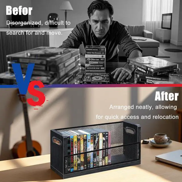 Alt view image 6 of 7 - DVD Storage Rack 2 Pack, Stackable Media Organizer Holds 56 DVDs or 64 Blu ray Cases, Shelf with Magnetic Door for Video Games and CDs, VHS Tapes