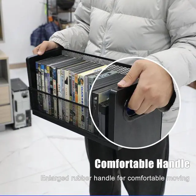 Alt view image 5 of 7 - DVD Storage Rack 2 Pack, Stackable Media Organizer Holds 56 DVDs or 64 Blu ray Cases, Shelf with Magnetic Door for Video Games and CDs, VHS Tapes