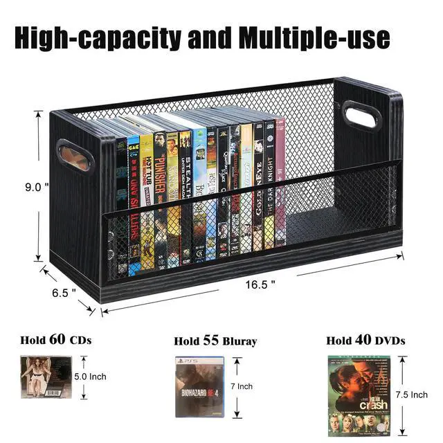 Alt view image 4 of 7 - DVD Storage Rack 2 Pack, Stackable Media Organizer Holds 56 DVDs or 64 Blu ray Cases, Shelf with Magnetic Door for Video Games and CDs, VHS Tapes