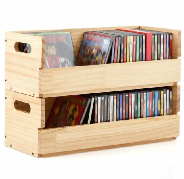 Main image of 2 Set Wooden CD Storage Box,Holds 72 CDs(36 Each),Stackable CD Holder Organizer with Magnetic Front Flap and Carrying Handles for DVDs, Cassette Tapes and Movie Cases (Natural Wood)