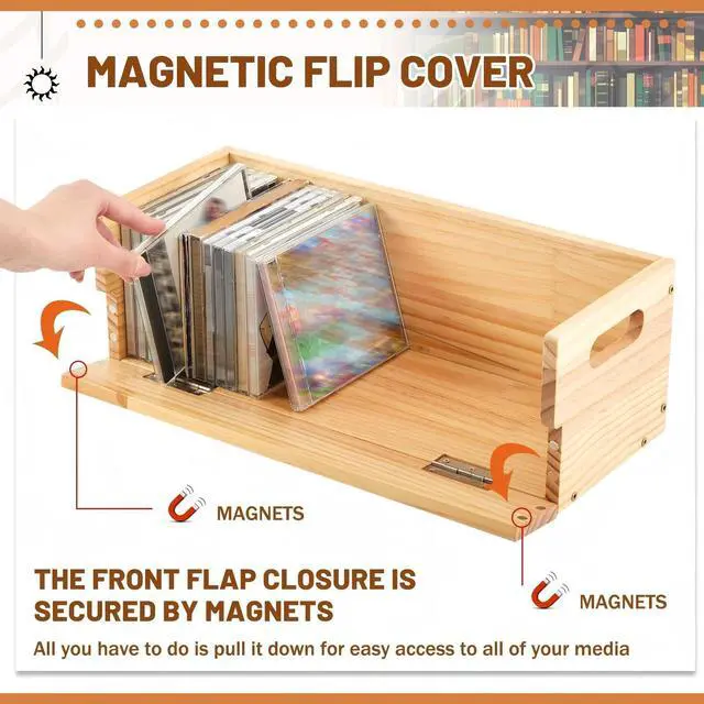 Alt view image 3 of 7 - 2 Set Wooden CD Storage Box,Holds 72 CDs(36 Each),Stackable CD Holder Organizer with Magnetic Front Flap and Carrying Handles for DVDs, Cassette Tapes and Movie Cases (Natural Wood)