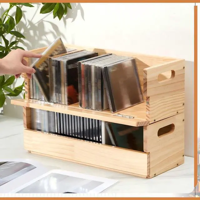 Alt view image 4 of 7 - 2 Set Wooden CD Storage Box,Holds 72 CDs(36 Each),Stackable CD Holder Organizer with Magnetic Front Flap and Carrying Handles for DVDs, Cassette Tapes and Movie Cases (Natural Wood)