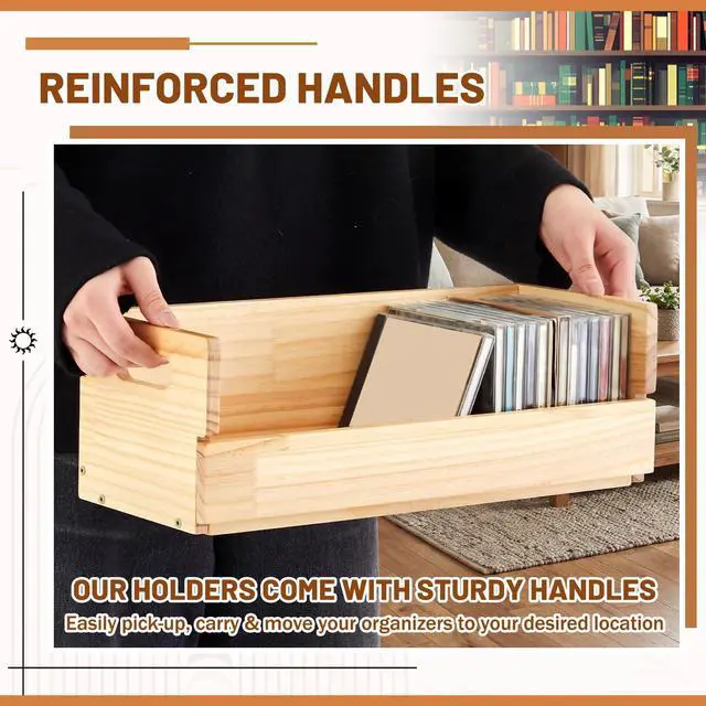 Alt view image 5 of 7 - 2 Set Wooden CD Storage Box,Holds 72 CDs(36 Each),Stackable CD Holder Organizer with Magnetic Front Flap and Carrying Handles for DVDs, Cassette Tapes and Movie Cases (Natural Wood)