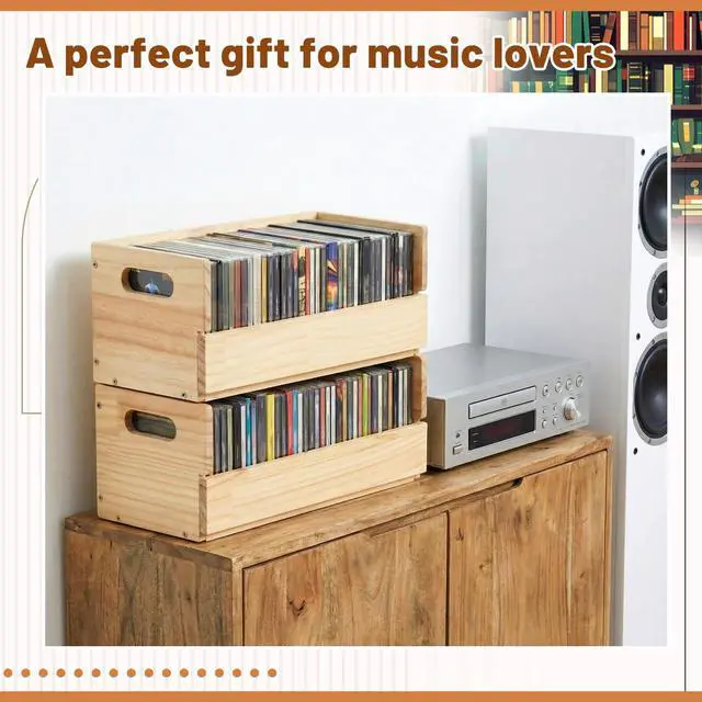 Alt view image 7 of 7 - 2 Set Wooden CD Storage Box,Holds 72 CDs(36 Each),Stackable CD Holder Organizer with Magnetic Front Flap and Carrying Handles for DVDs, Cassette Tapes and Movie Cases (Natural Wood)