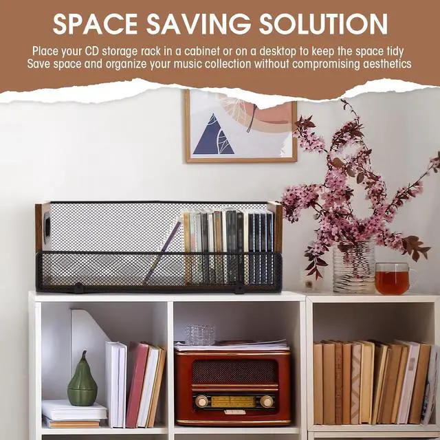 Alt view image 6 of 6 - 1 Pcs Wooden Cd Storage Box Holder Racks Retro Cassette Tape Display Stand with Carrying Handles, Organizer Shelf for Movie Cases, Dvds, Cd Organizer Can Store up to 36 Pcs