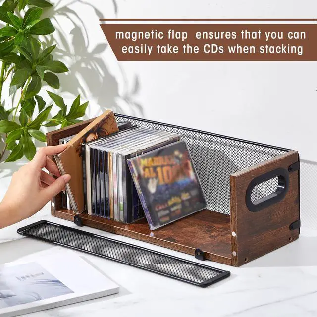 Alt view image 5 of 6 - 1 Pcs Wooden Cd Storage Box Holder Racks Retro Cassette Tape Display Stand with Carrying Handles, Organizer Shelf for Movie Cases, Dvds, Cd Organizer Can Store up to 36 Pcs