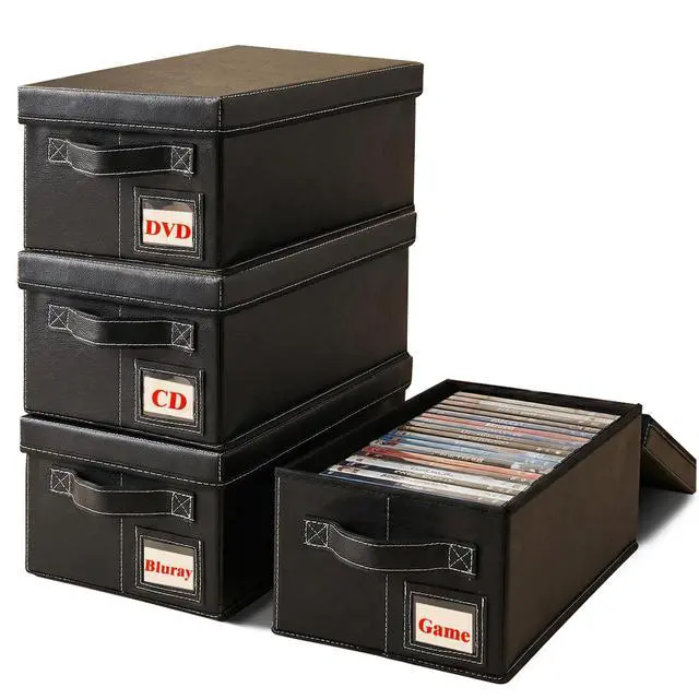 Main image of DVD Storage Boxes with Lid, 4 Pack Holds 104 DVD Cases Total, Stackable Leather Media Organizer for Blu ray, Video Game, CDs