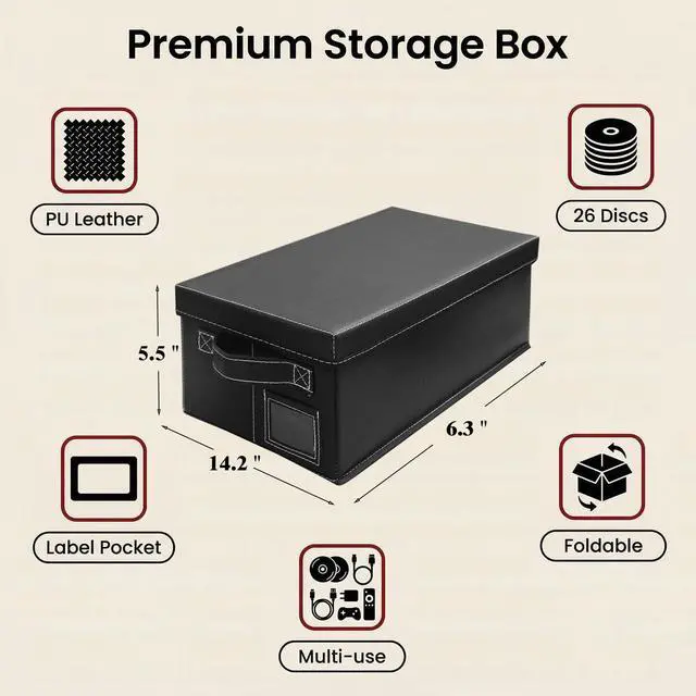 Alt view image 2 of 7 - DVD Storage Boxes with Lid, 4 Pack Holds 104 DVD Cases Total, Stackable Leather Media Organizer for Blu ray, Video Game, CDs