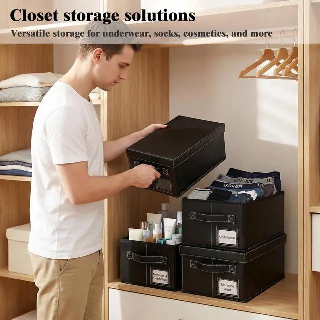Alt view image 7 of 7 - DVD Storage Boxes with Lid, 4 Pack Holds 104 DVD Cases Total, Stackable Leather Media Organizer for Blu ray, Video Game, CDs